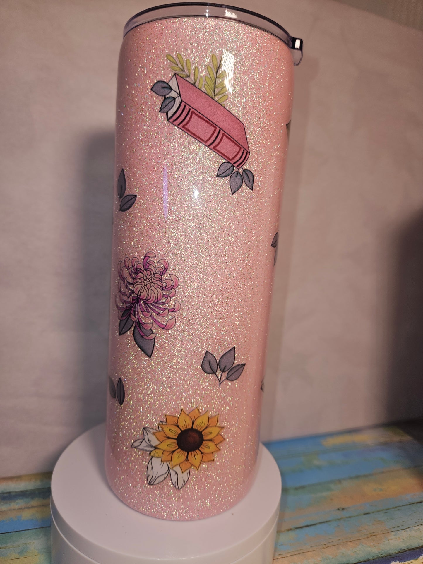24 oz Plump Pink Glitter base Tumbler "Just One More Chapter"
