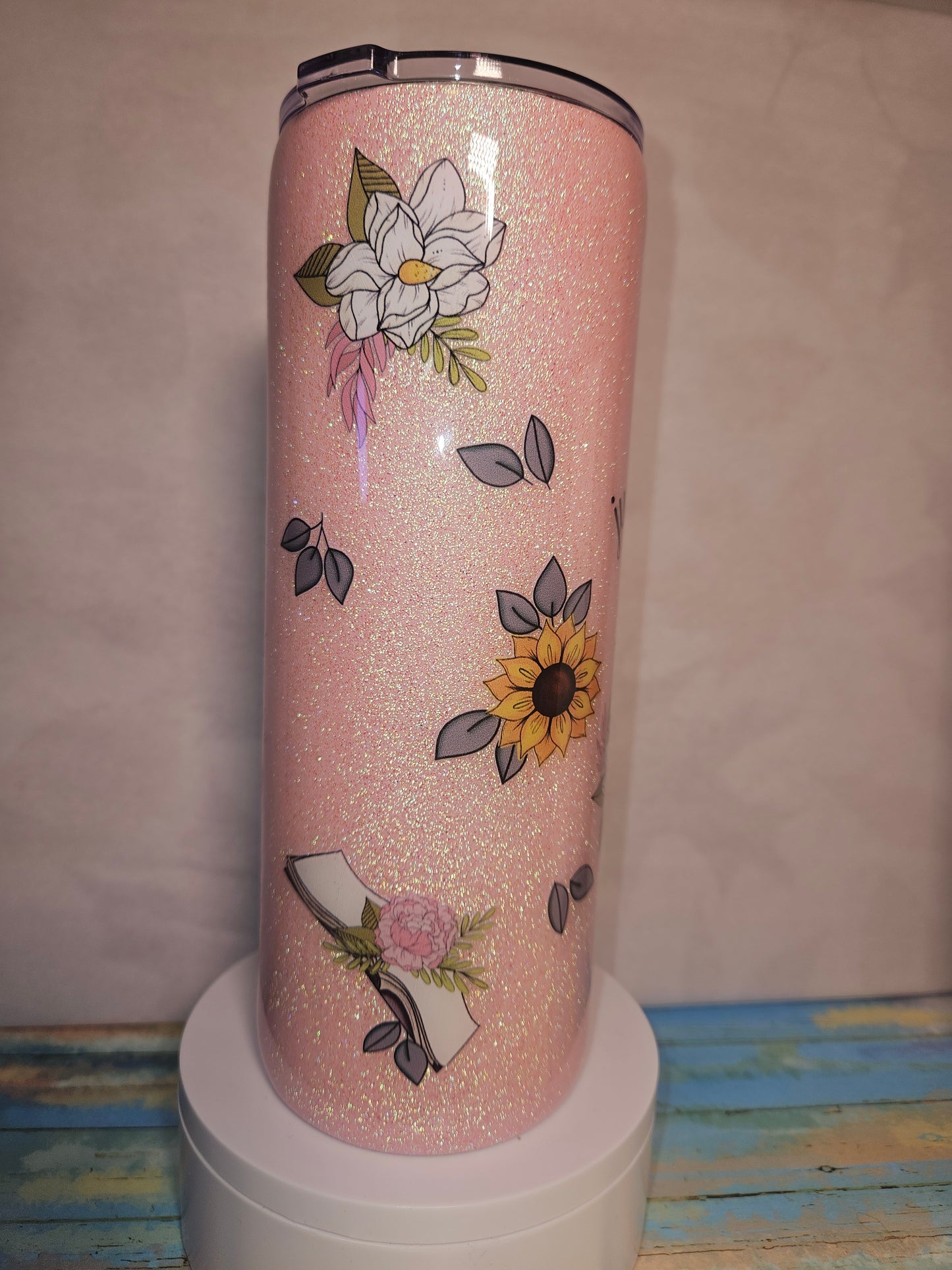 24 oz Plump Pink Glitter base Tumbler "Just One More Chapter"