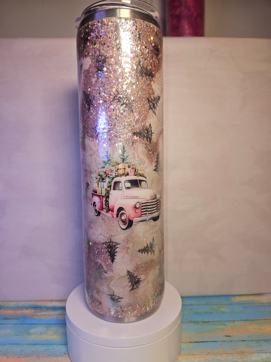 32 oz Tipsy Magnolia Glitter Base Tumbler w/ Pink Truck Holiday, Christmas, Winter