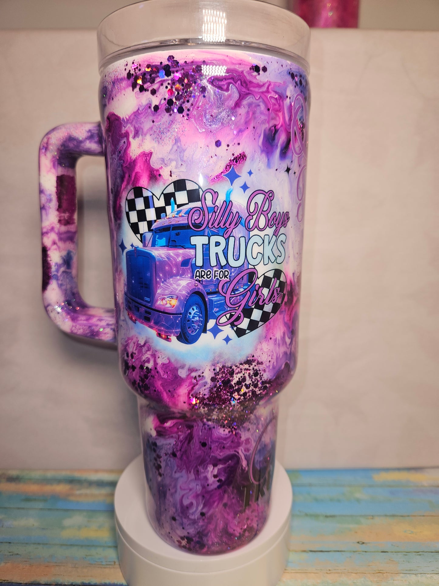 40oz Lady Trucker Travel Mug (Purples and Glitter) with Girl Trucker Decals