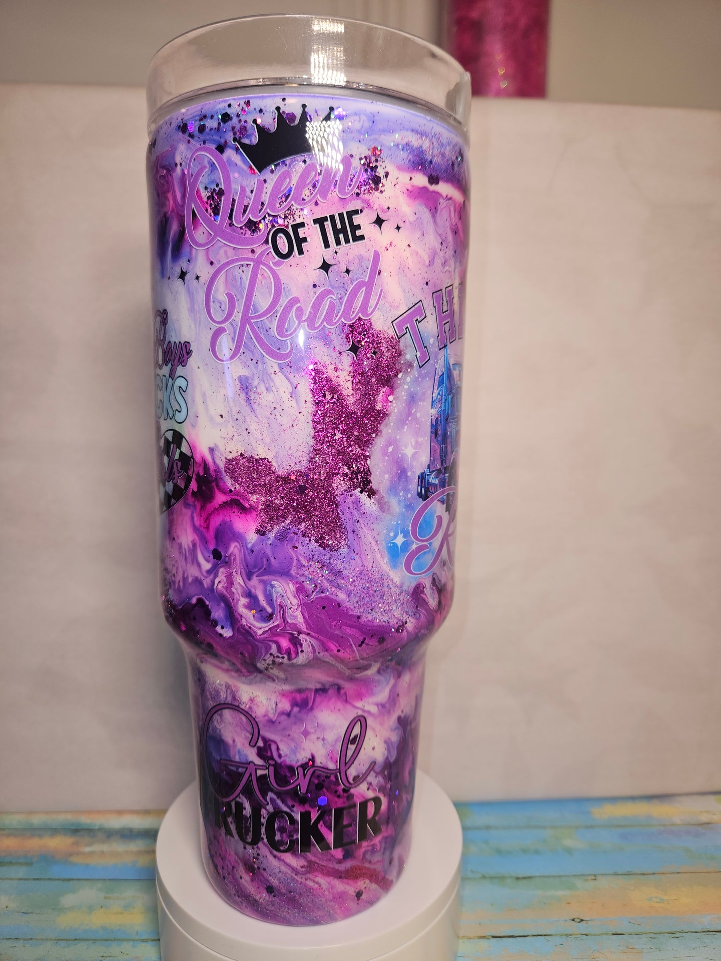 40oz Lady Trucker Travel Mug (Purples and Glitter) with Girl Trucker Decals