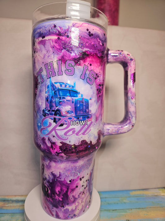 40oz Lady Trucker Travel Mug (Purples and Glitter) with Girl Trucker Decals