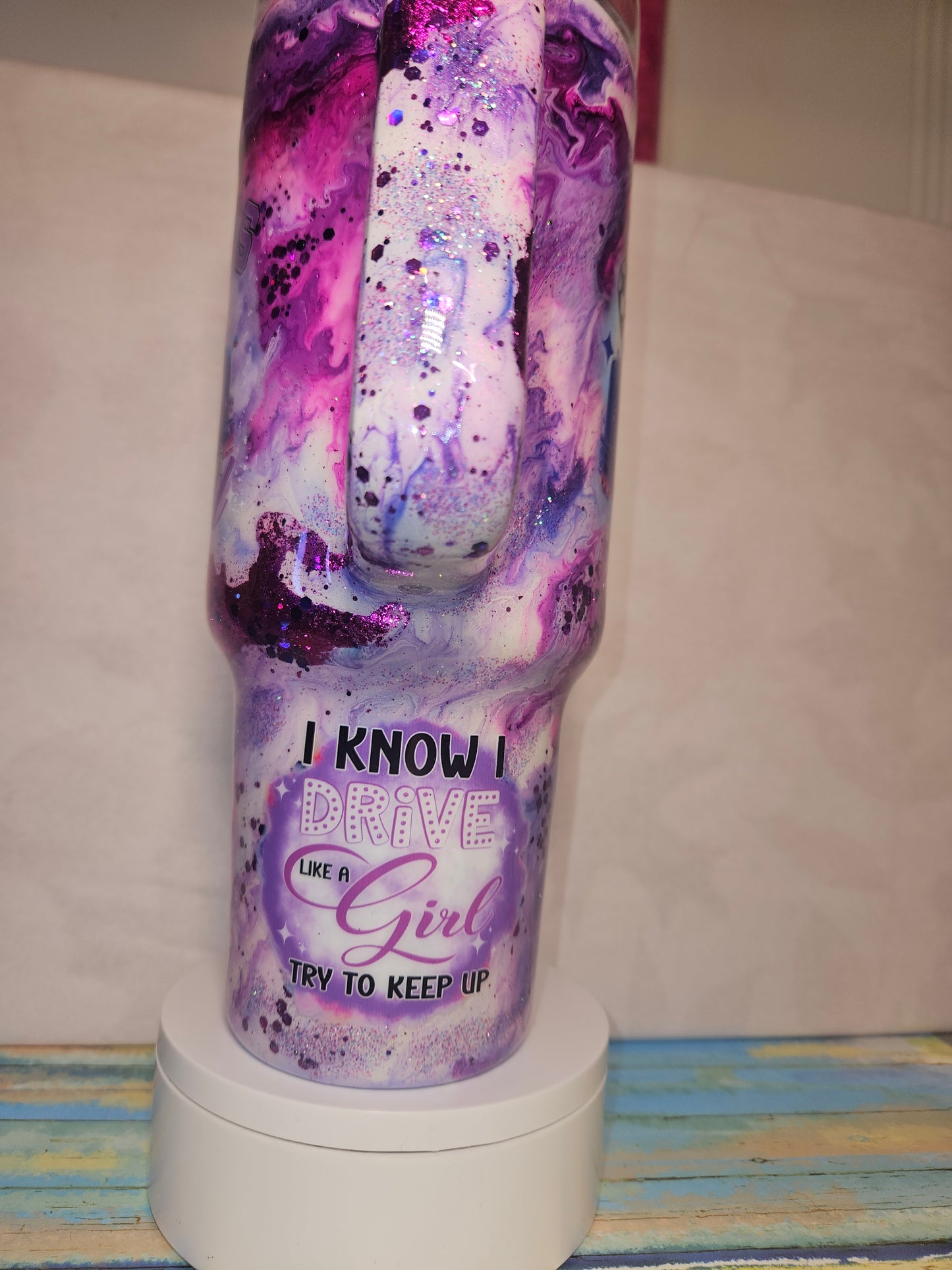 40oz Lady Trucker Travel Mug (Purples and Glitter) with Girl Trucker Decals