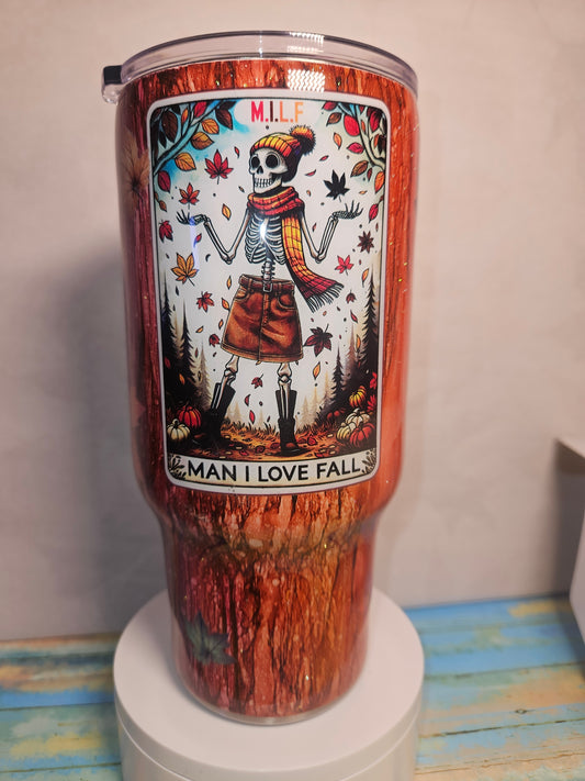 24 oz. MAN I LOVE FALL (M.I.L.F) Skeleton Tarot Decal on Rustic Raindrop base / Glitter bottom