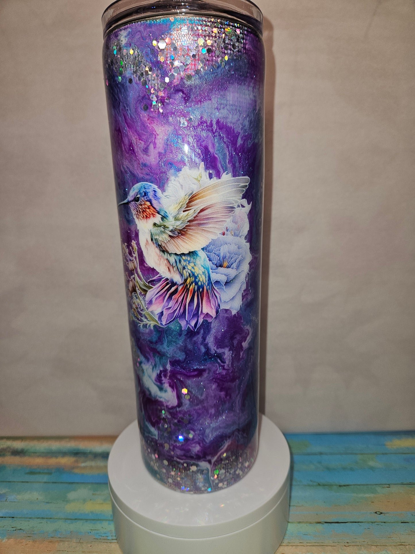 30 oz Purple & Blue Ink Swirl w/ Hummingbird decal