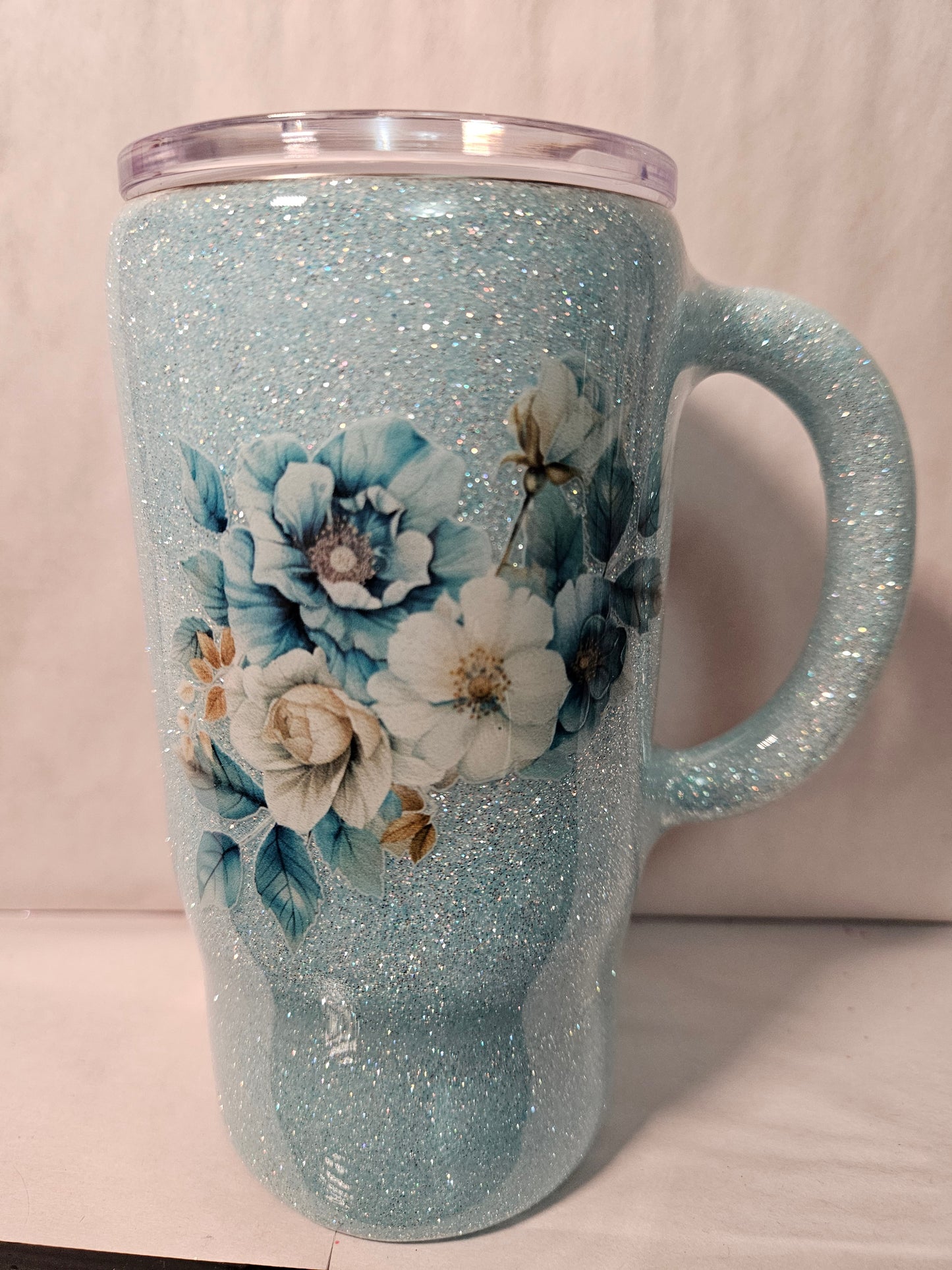 16 oz. Travel Mug - Light Blue Holographic glitter with blue flowers