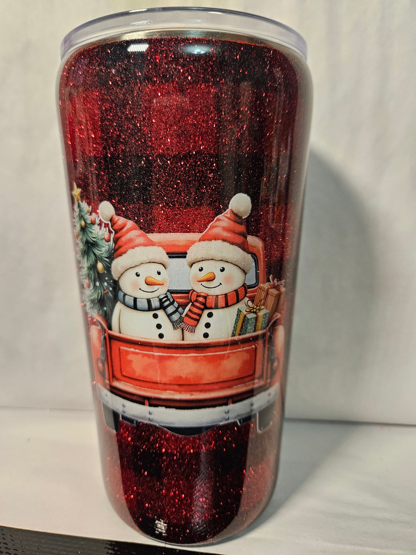 22 oz Bufflao Plaid Red/Black Glitter base with Snowman in Truck Holiday, Christmas, Winter