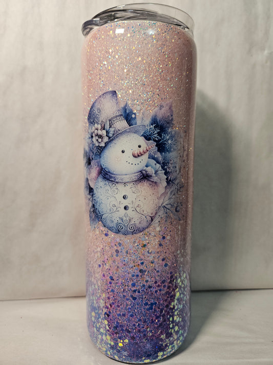 20 oz Pink holographic glitter base with snowman Holidays, Christmas, Winter